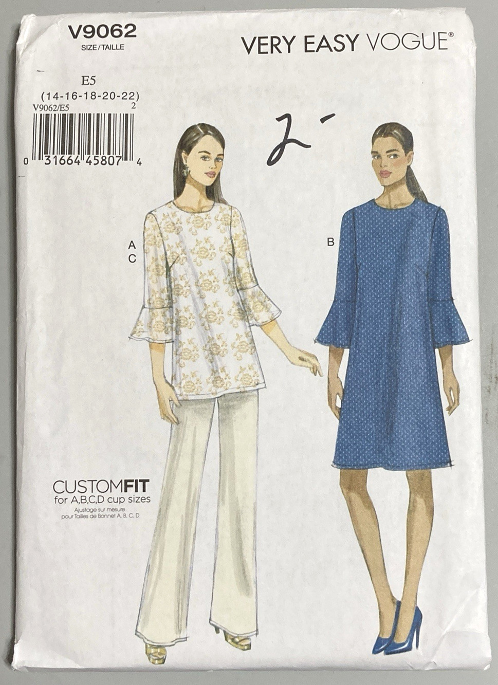 Vogue V9062 Pattern Misses Tunic Dress Pants Custom Fit Very Easy Sz 14-22 UNCUT
